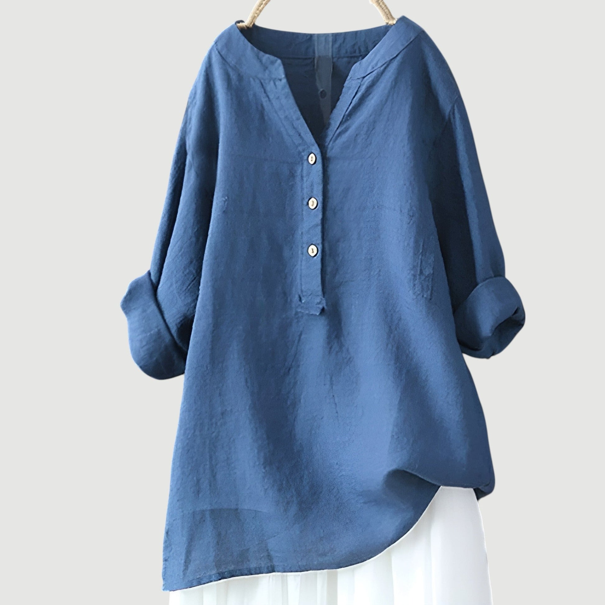 Dames Blouse Lange Mouw met V-hals en Knoopsluiting Oversized Blauw
