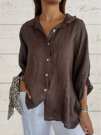 Dames Blouse Lange Mouw met V-hals en Knoopsluiting Oversized Bruin