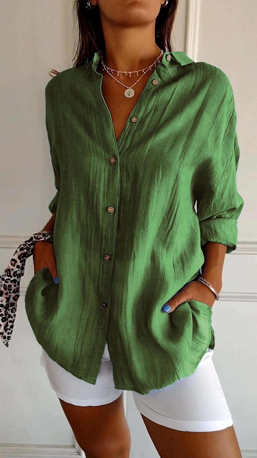 Dames Blouse Lange Mouw met V-hals en Knoopsluiting Oversized Groen