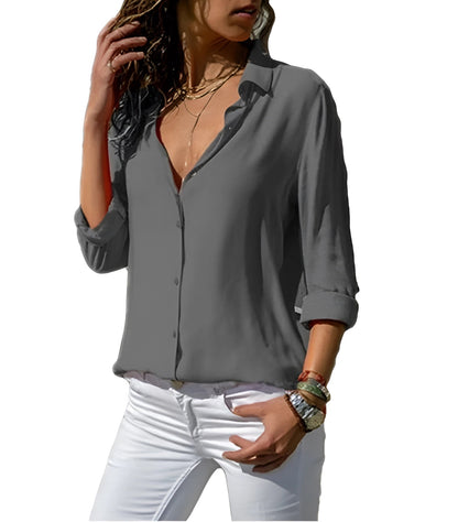 Dames Blouse Lange Mouw met V-hals en Knoopsluiting Regular Fit Grijs