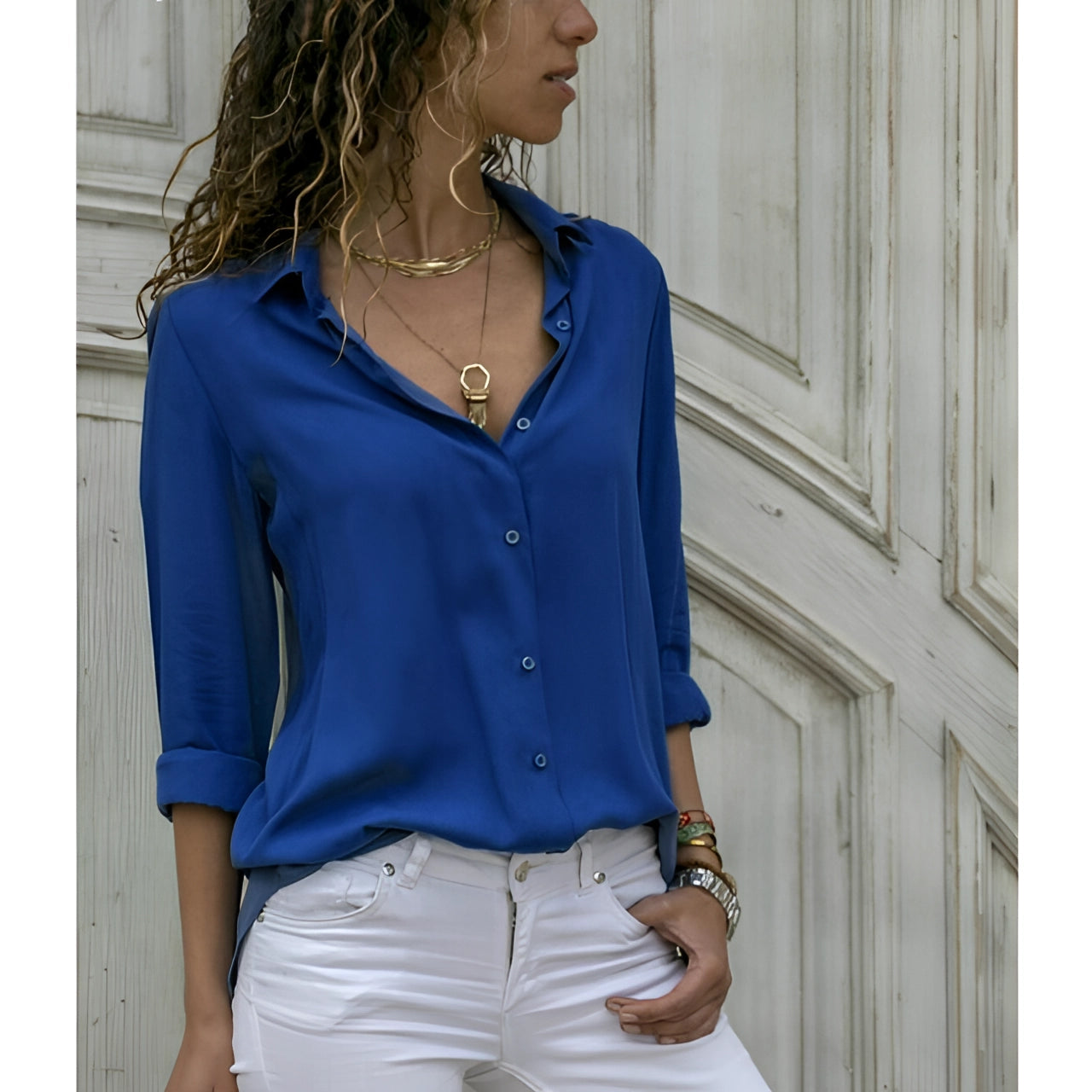 Dames Blouse Lange Mouw met V-hals en Knoopsluiting Regular Fit