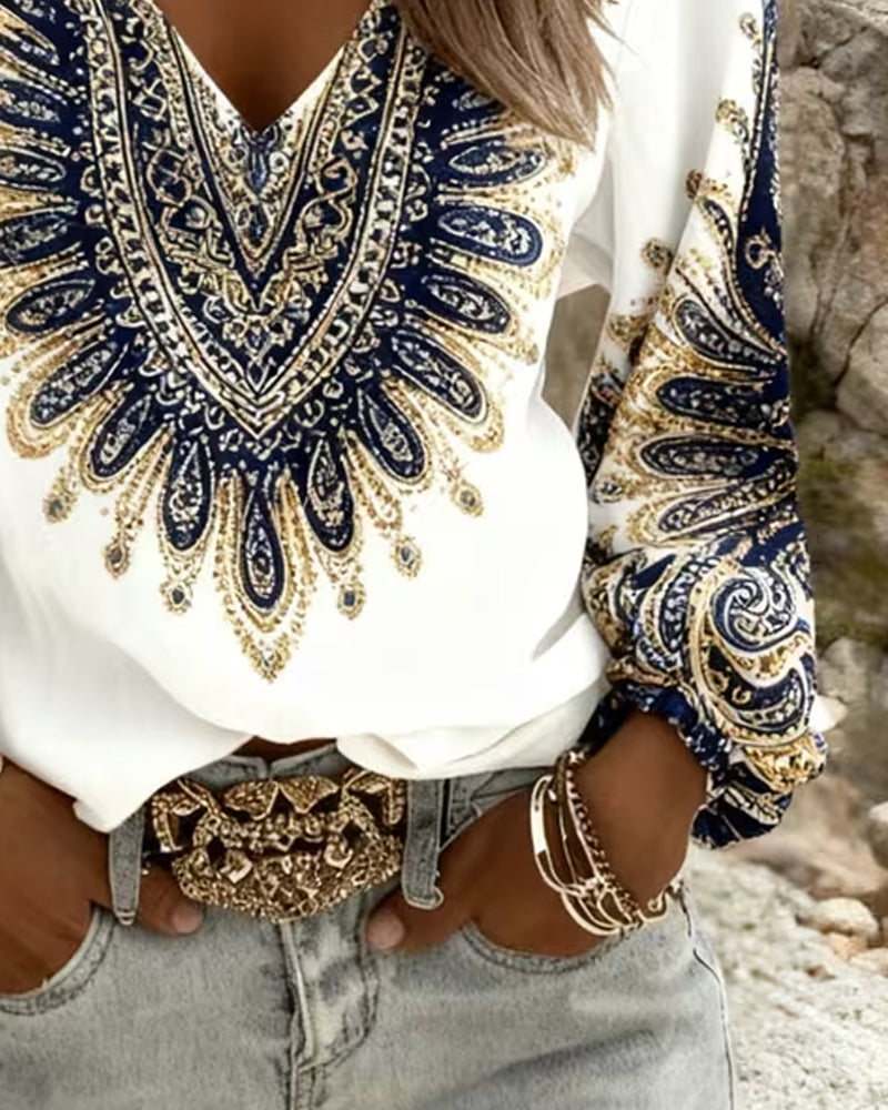 Dames Blouse Lange Mouw met V-hals en Paisley Print