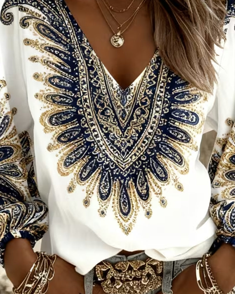 Dames Blouse Lange Mouw met V-hals en Paisley Print