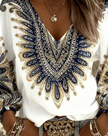 Dames Blouse Lange Mouw met V-hals en Paisley Print