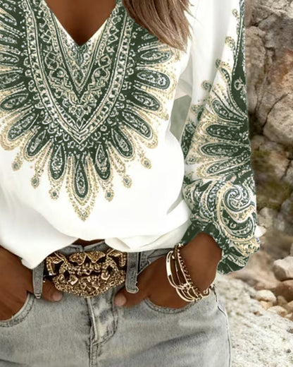 Dames Blouse Lange Mouw met V-hals en Paisley Print