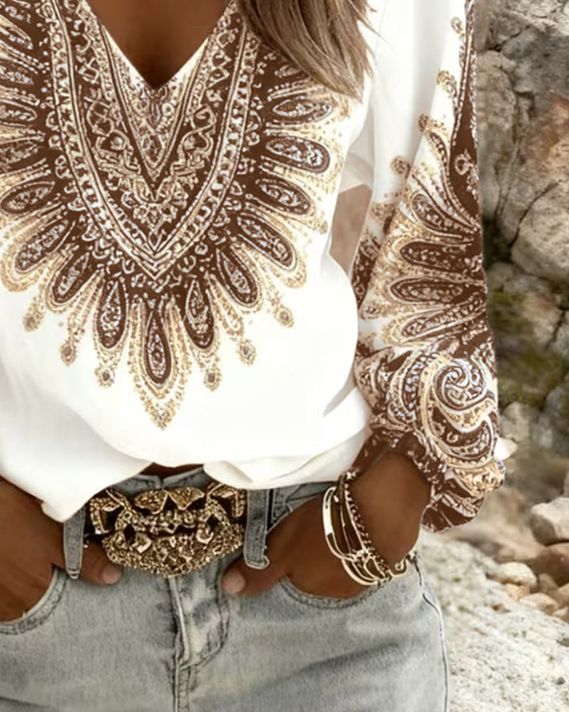 Dames Blouse Lange Mouw met V-hals en Paisley Print