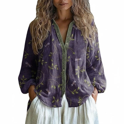 Dames Blouse Lange Mouw met V-hals en Vintage Botanische Print