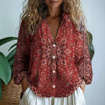 Dames Blouse Lange Mouw met V-hals en Vintage Botanische Print Rood
