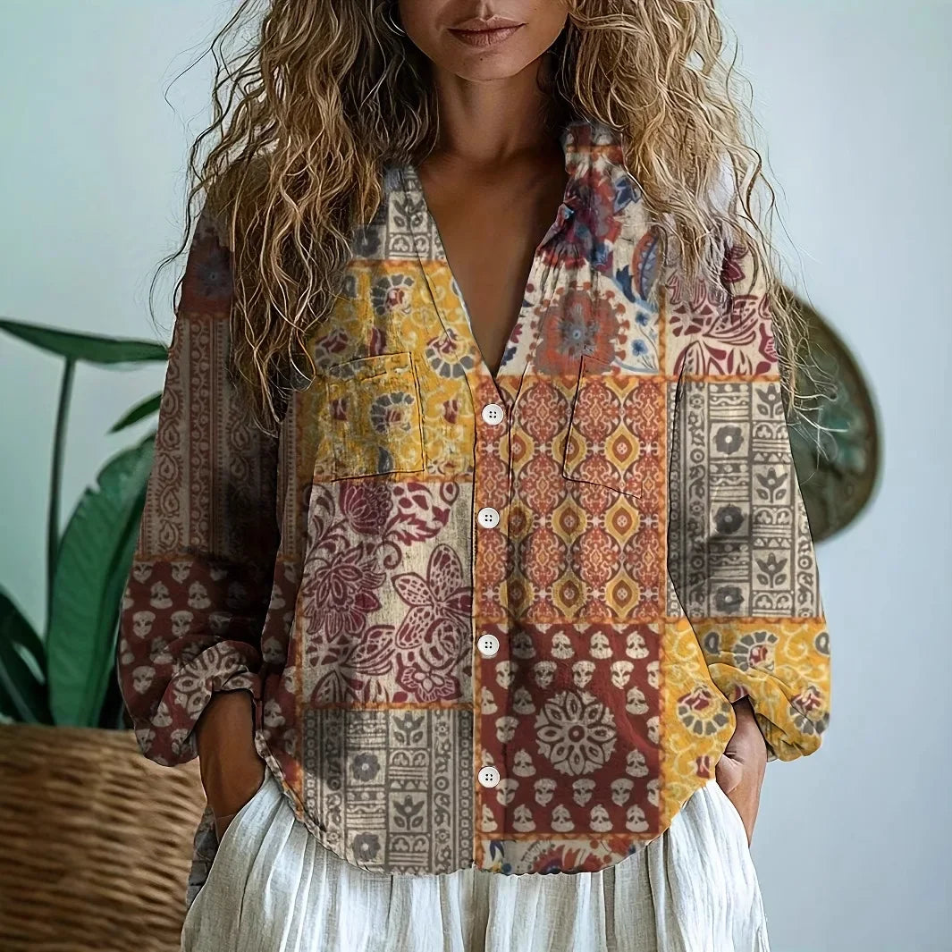 Dames Blouse Lange Mouw met V-hals en Vintage Botanische Print Mosterd