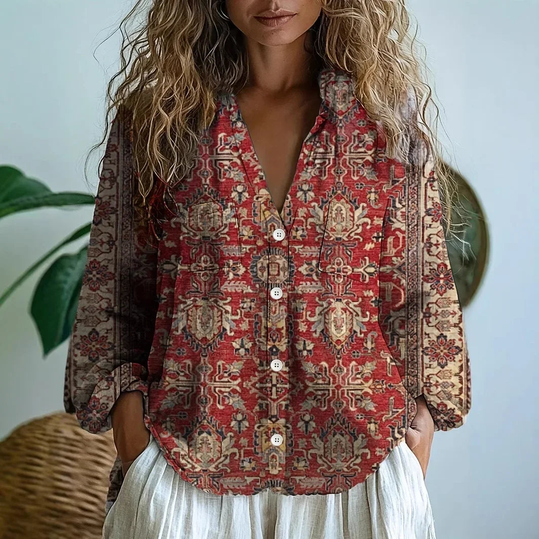 Dames Blouse Lange Mouw met V-hals en Vintage Botanische Print Roestbruin