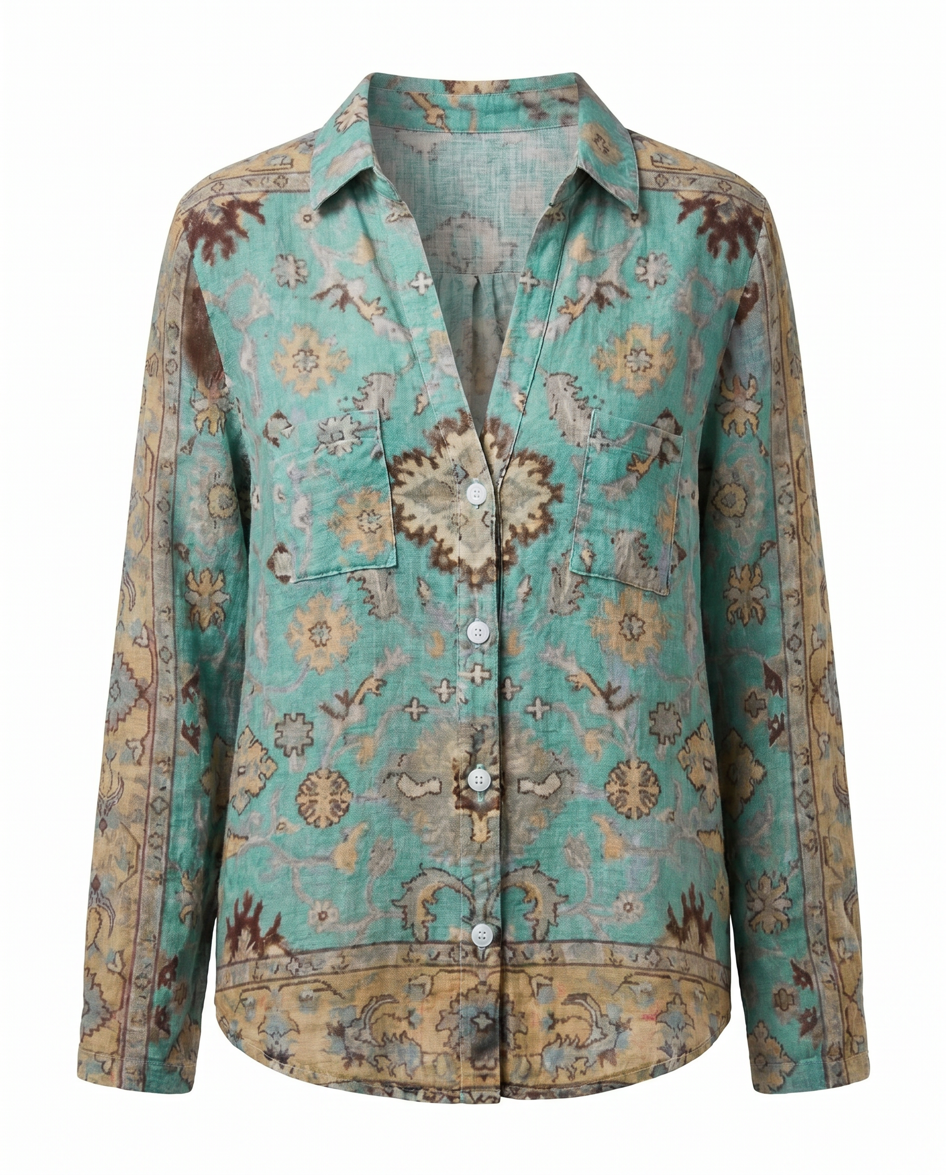 Dames Blouse Lange Mouw met V-hals en Vintage Botanische Print