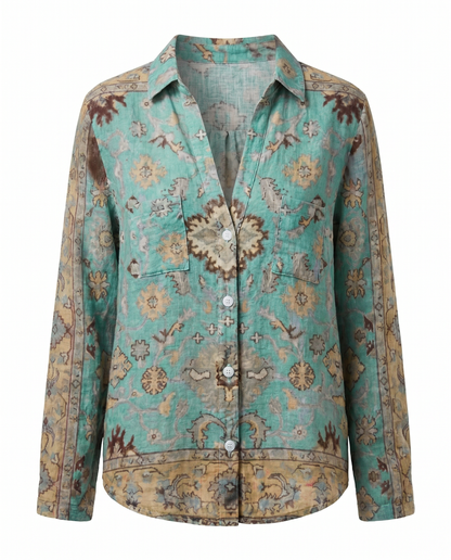 Dames Blouse Lange Mouw met V-hals en Vintage Botanische Print