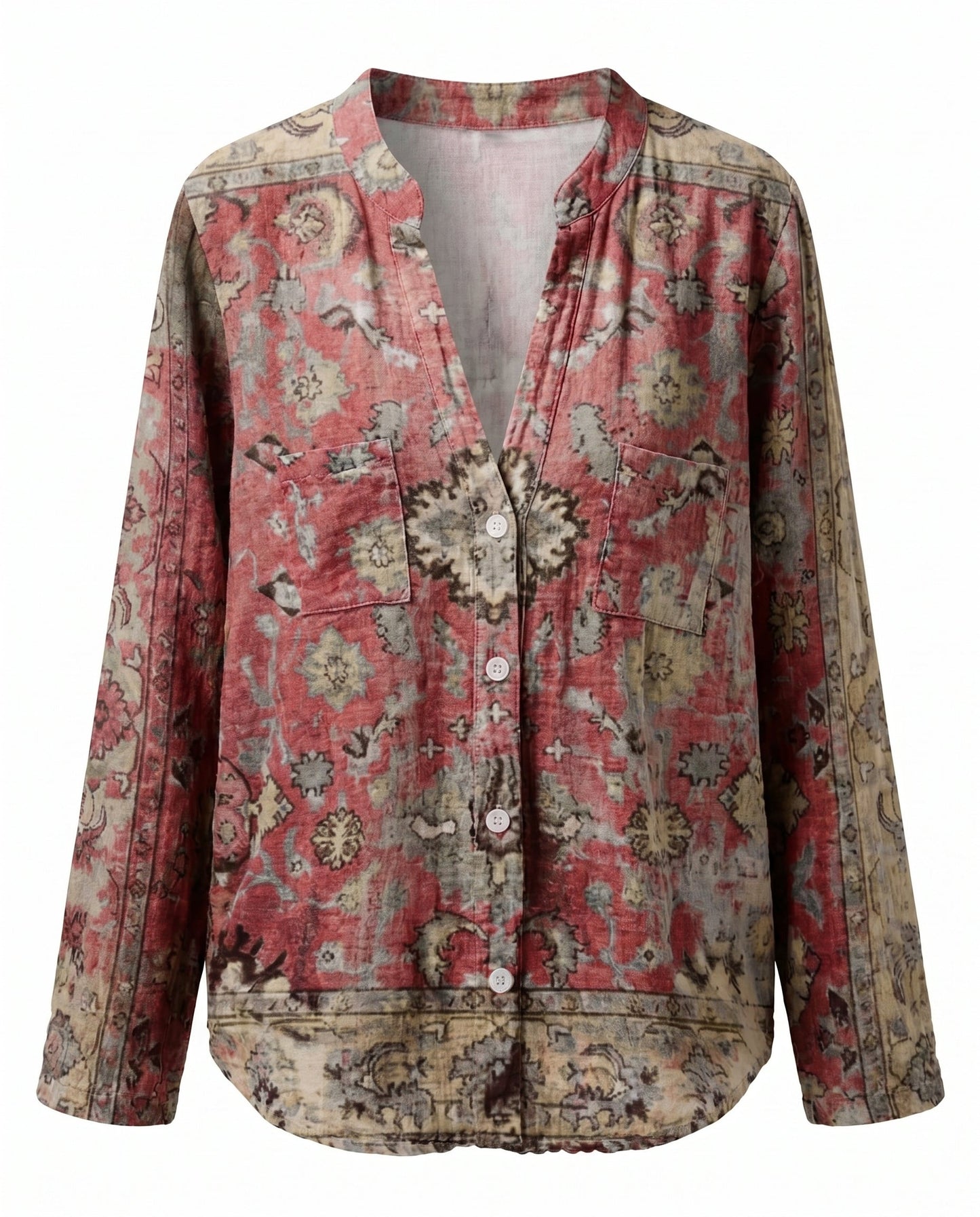 Dames Blouse Lange Mouw met V-hals en Vintage Botanische Print