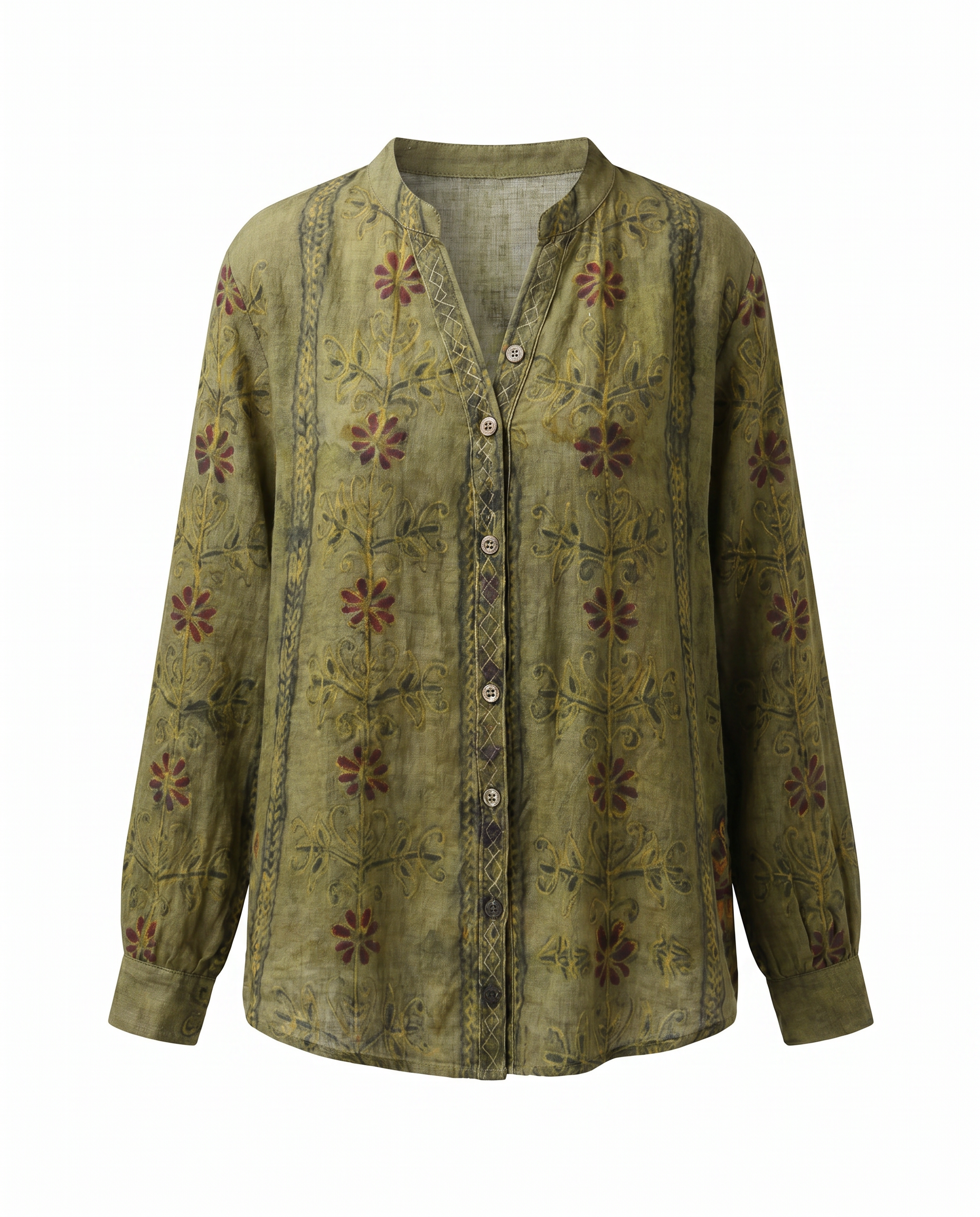 Dames Blouse Lange Mouw met V-hals en Vintage Botanische Print