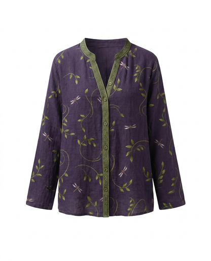 Dames Blouse Lange Mouw met V-hals en Vintage Botanische Print