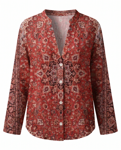 Dames Blouse Lange Mouw met V-hals en Vintage Botanische Print