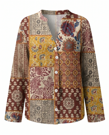 Dames Blouse Lange Mouw met V-hals en Vintage Botanische Print