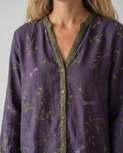 Dames Blouse Lange Mouw met V-hals en Vintage Botanische Print