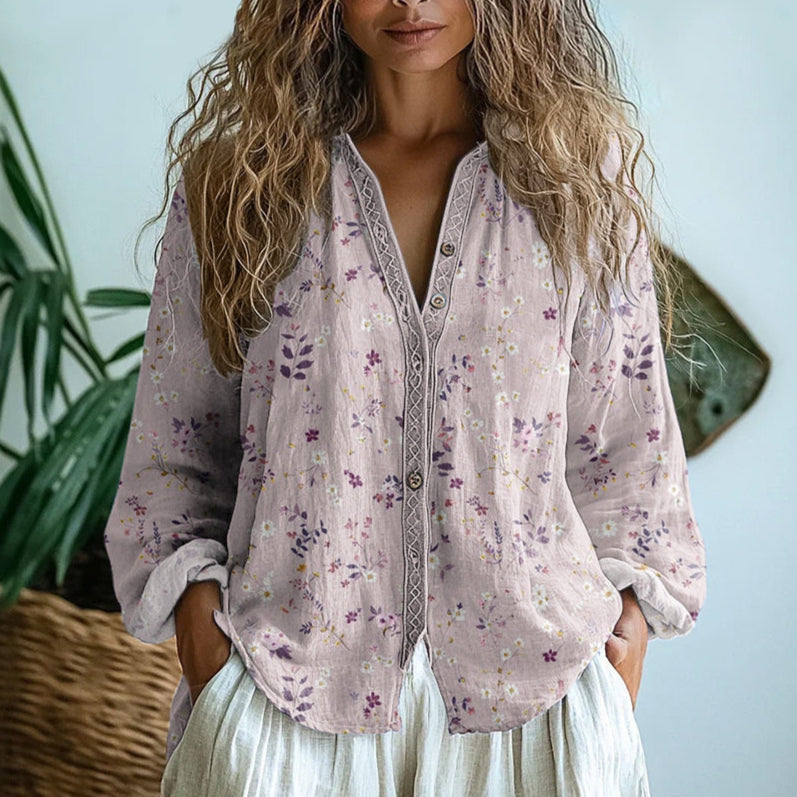 Dames Blouse Lange Mouw met V-hals en Vintage Botanische Print Lavendel