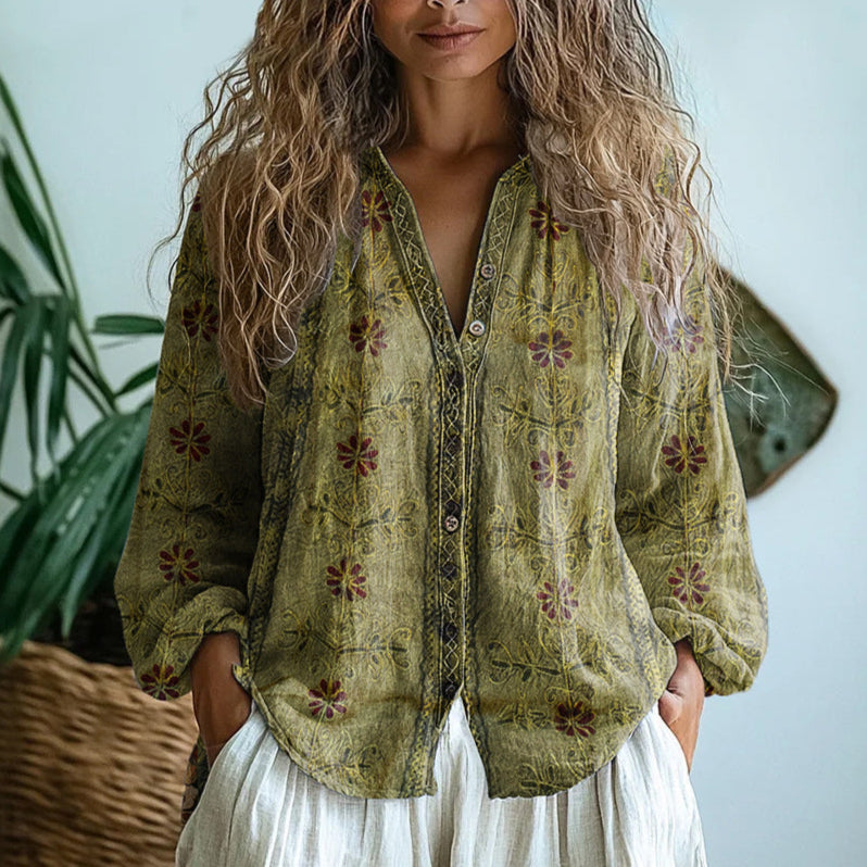 Dames Blouse Lange Mouw met V-hals en Vintage Botanische Print Groen