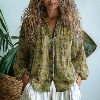 Dames Blouse Lange Mouw met V-hals en Vintage Botanische Print Groen