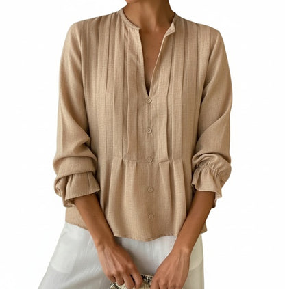 Dames Blouse Lange Mouw met V-hals, Plissé en Peplum Zoom