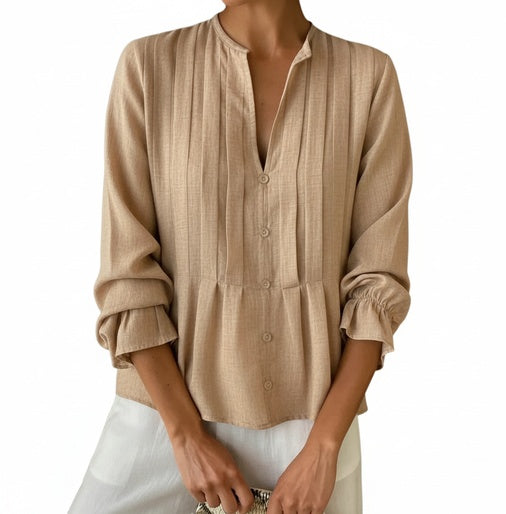 Dames Blouse Lange Mouw met V-hals, Plissé en Peplum Zoom