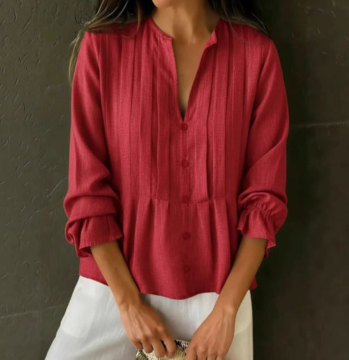 Dames Blouse Lange Mouw met V-hals, Plissé en Peplum Zoom Rood