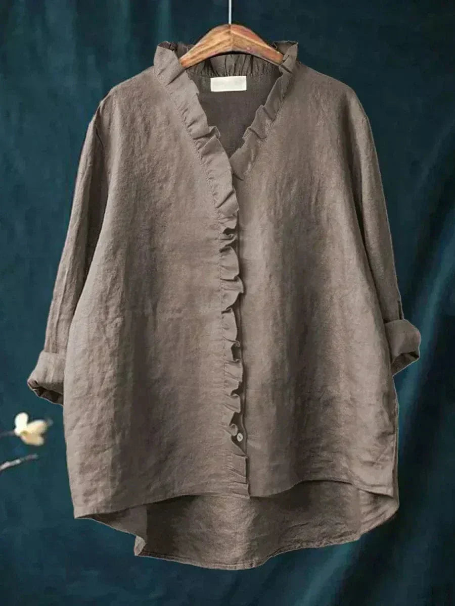 Dames Blouse Lange Mouw met V-hals, Ruches en Oversized Pasvorm