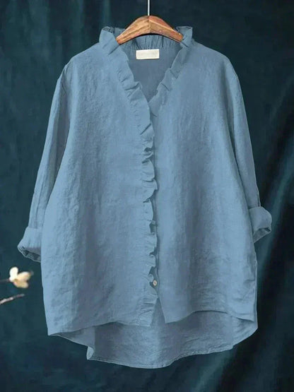 Dames Blouse Lange Mouw met V-hals, Ruches en Oversized Pasvorm