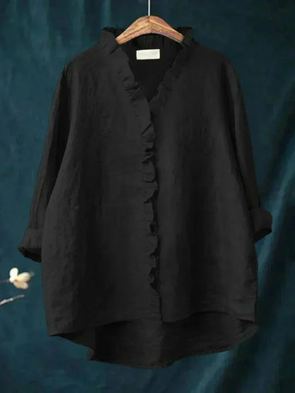 Dames Blouse Lange Mouw met V-hals, Ruches en Oversized Pasvorm
