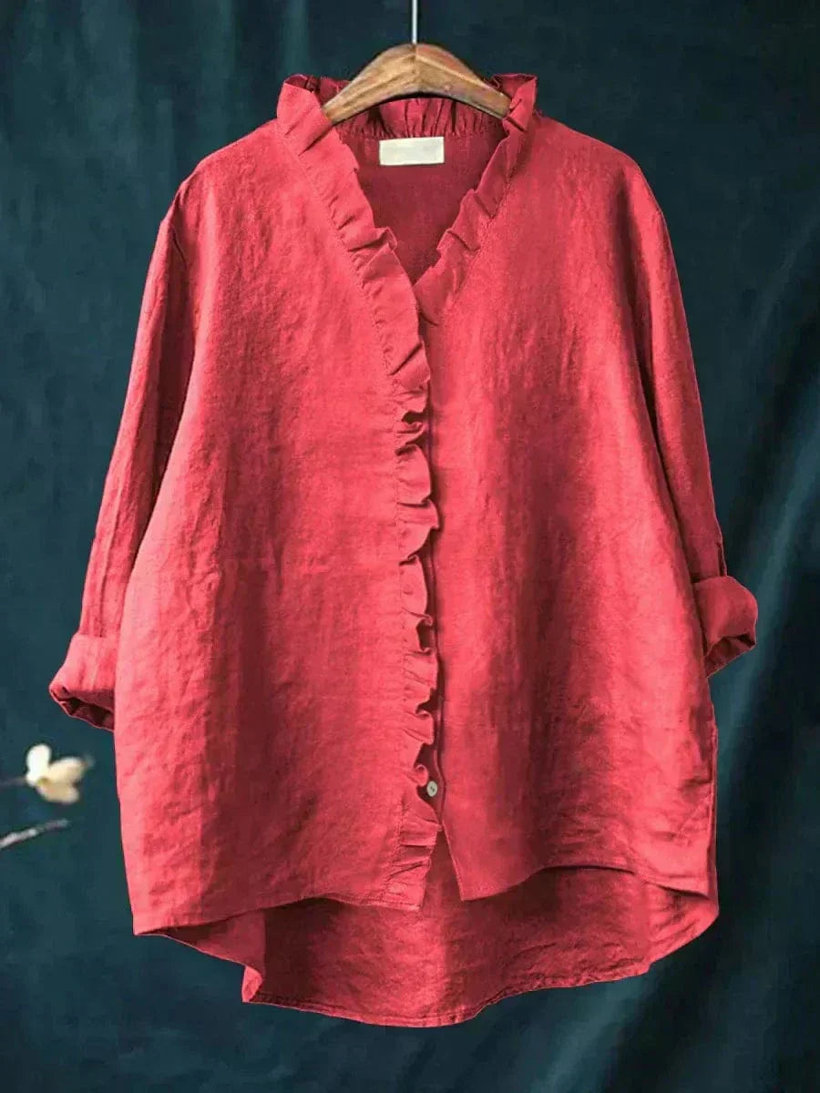 Dames Blouse Lange Mouw met V-hals, Ruches en Oversized Pasvorm