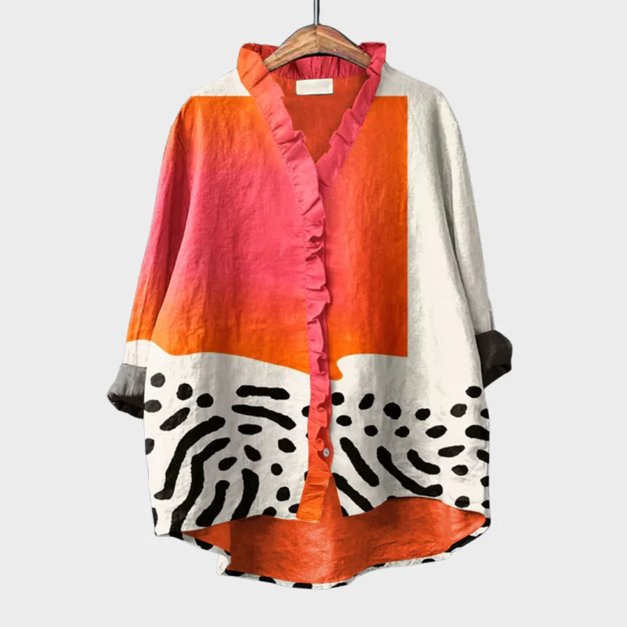 Dames Blouse Lange Mouw met V-hals, Ruches en Oversized Pasvorm