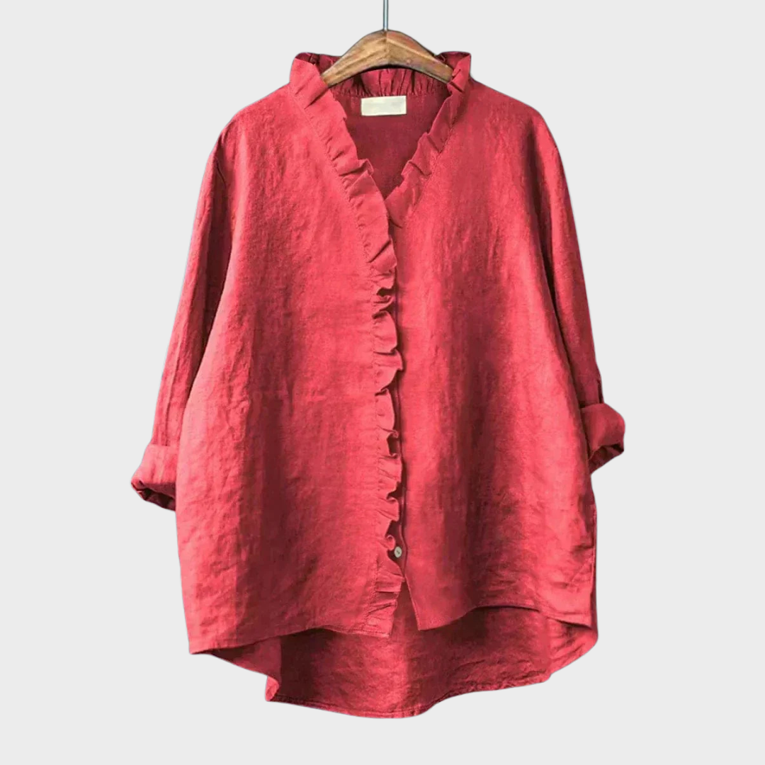 Dames Blouse Lange Mouw met V-hals, Ruches en Oversized Pasvorm