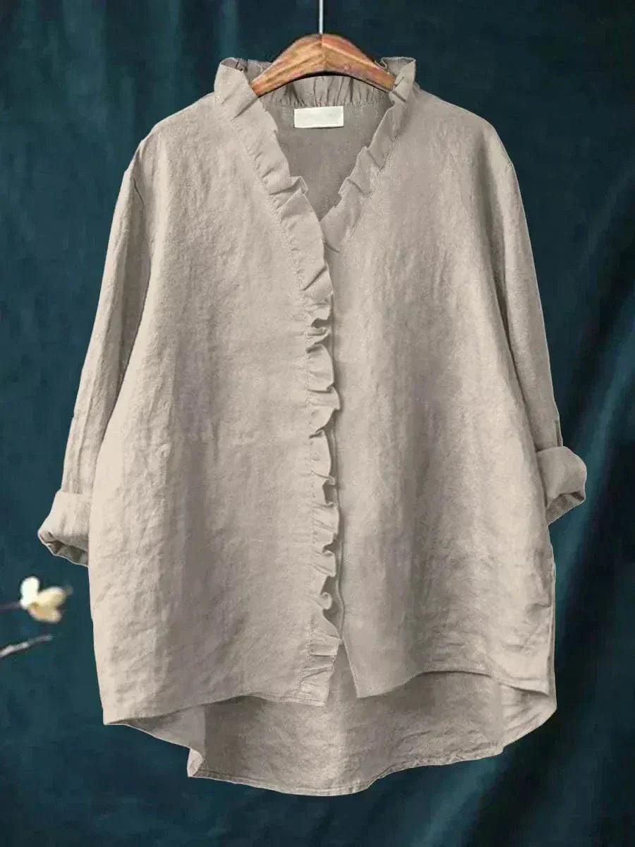 Dames Blouse Lange Mouw met V-hals, Ruches en Oversized Pasvorm