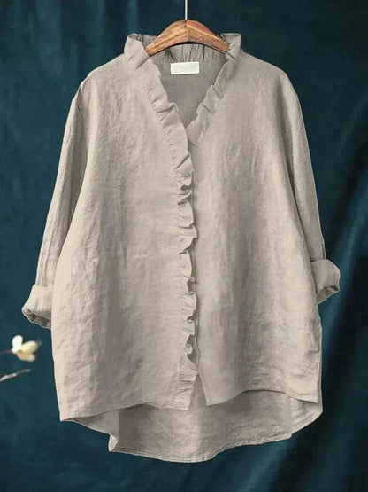Dames Blouse Lange Mouw met V-hals, Ruches en Oversized Pasvorm