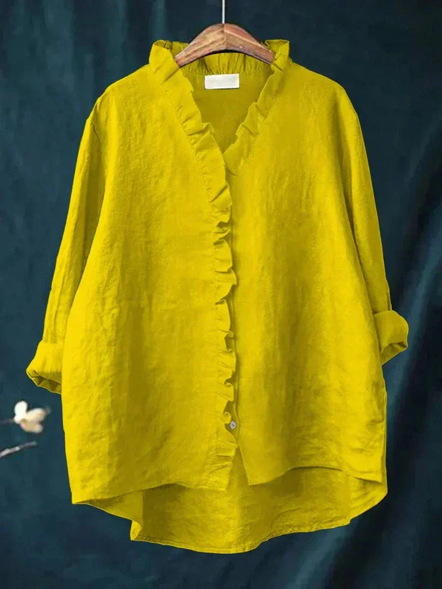 Dames Blouse Lange Mouw met V-hals, Ruches en Oversized Pasvorm