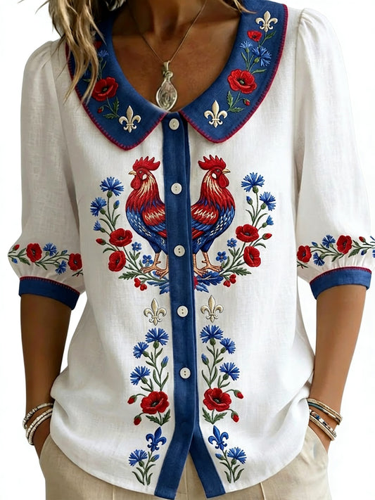 Dames Blouse met Haan Print, Bloemen en Peter Pan Kraag