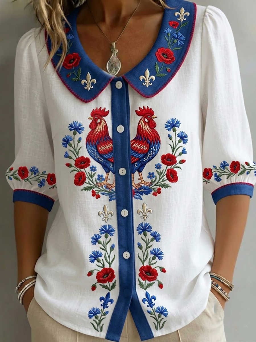 Dames Blouse met Haan Print, Bloemen en Peter Pan Kraag Wit