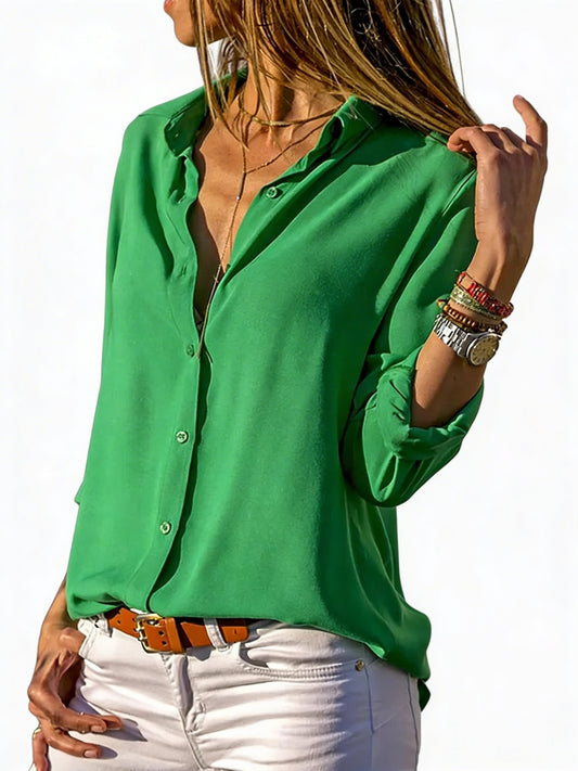 Dames Blouse met Knoopsluiting en Kraag in Losse Pasvorm