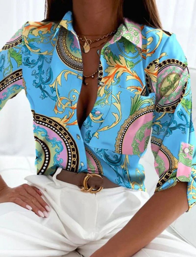 Dames Blouse met Lange Mouw, Omgeslagen Kraag en Grafische Print