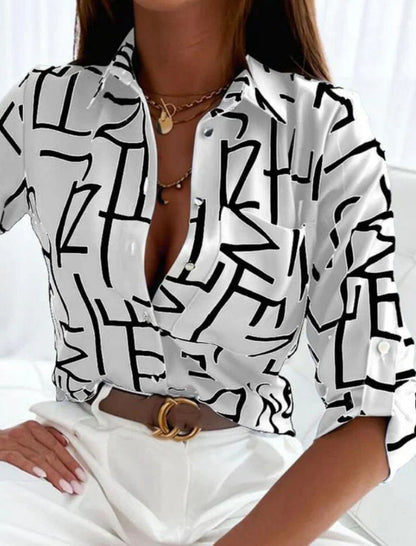 Dames Blouse met Lange Mouw, Omgeslagen Kraag en Grafische Print