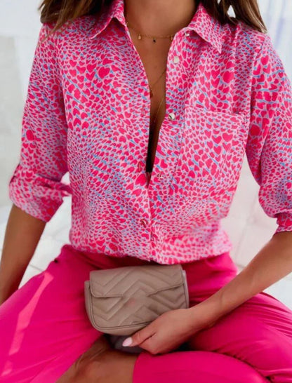 Dames Blouse met Lange Mouw, Omgeslagen Kraag en Grafische Print