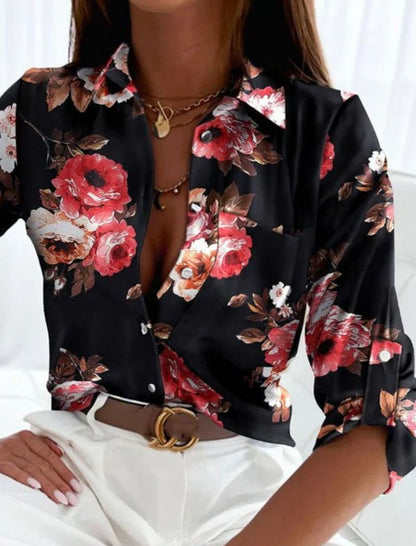 Dames Blouse met Lange Mouw, Omgeslagen Kraag en Grafische Print