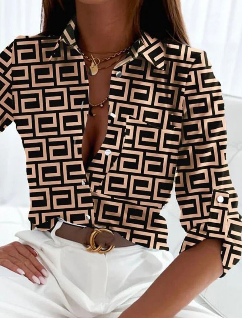Dames Blouse met Lange Mouw, Omgeslagen Kraag en Grafische Print