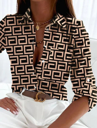 Dames Blouse met Lange Mouw, Omgeslagen Kraag en Grafische Print