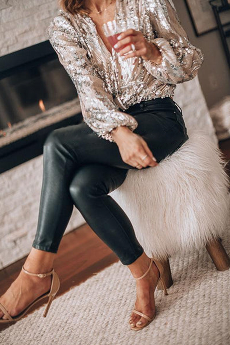 Dames Feestblouse met Pailletten, V-hals en Lange Mouwen