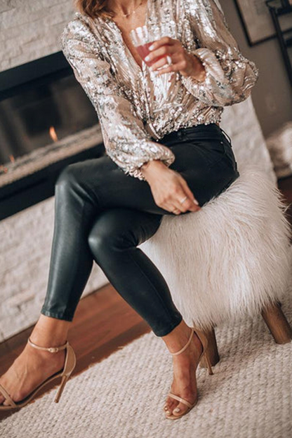 Dames Feestblouse met Pailletten, V-hals en Lange Mouwen