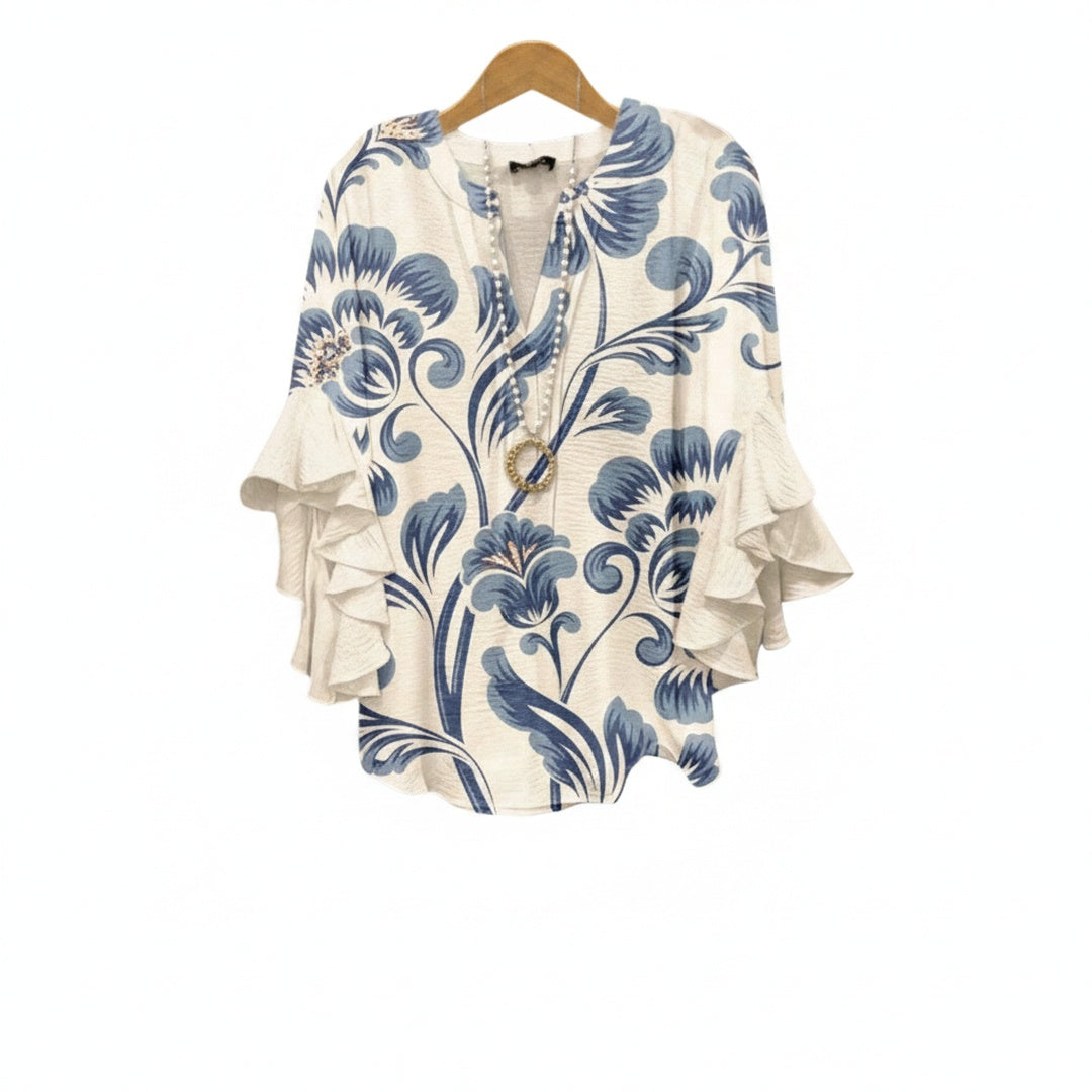 Dames Blouse met V-hals en Gelaagde Ruchesmouwen Boho Bloemenprint