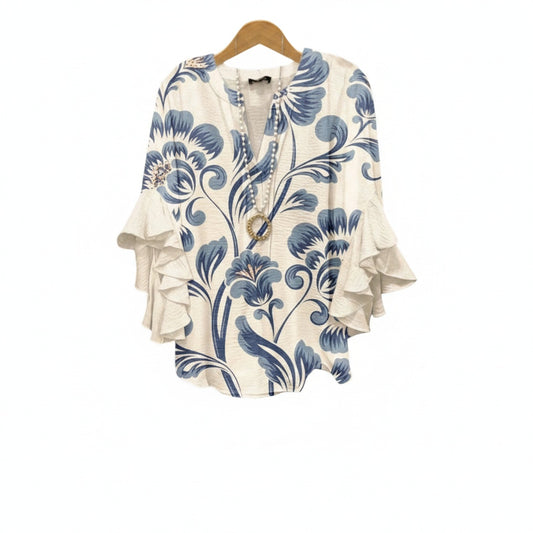 Dames Blouse met V-hals en Gelaagde Ruchesmouwen Boho Bloemenprint